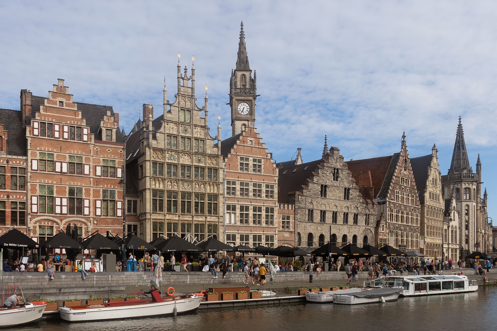 Historic guild houses along the Graslei canal in Ghent